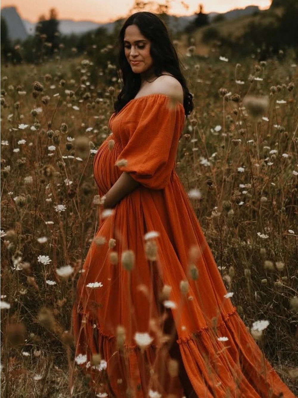 Off-Shoulder Rust Orange Maternity Maxi Dress